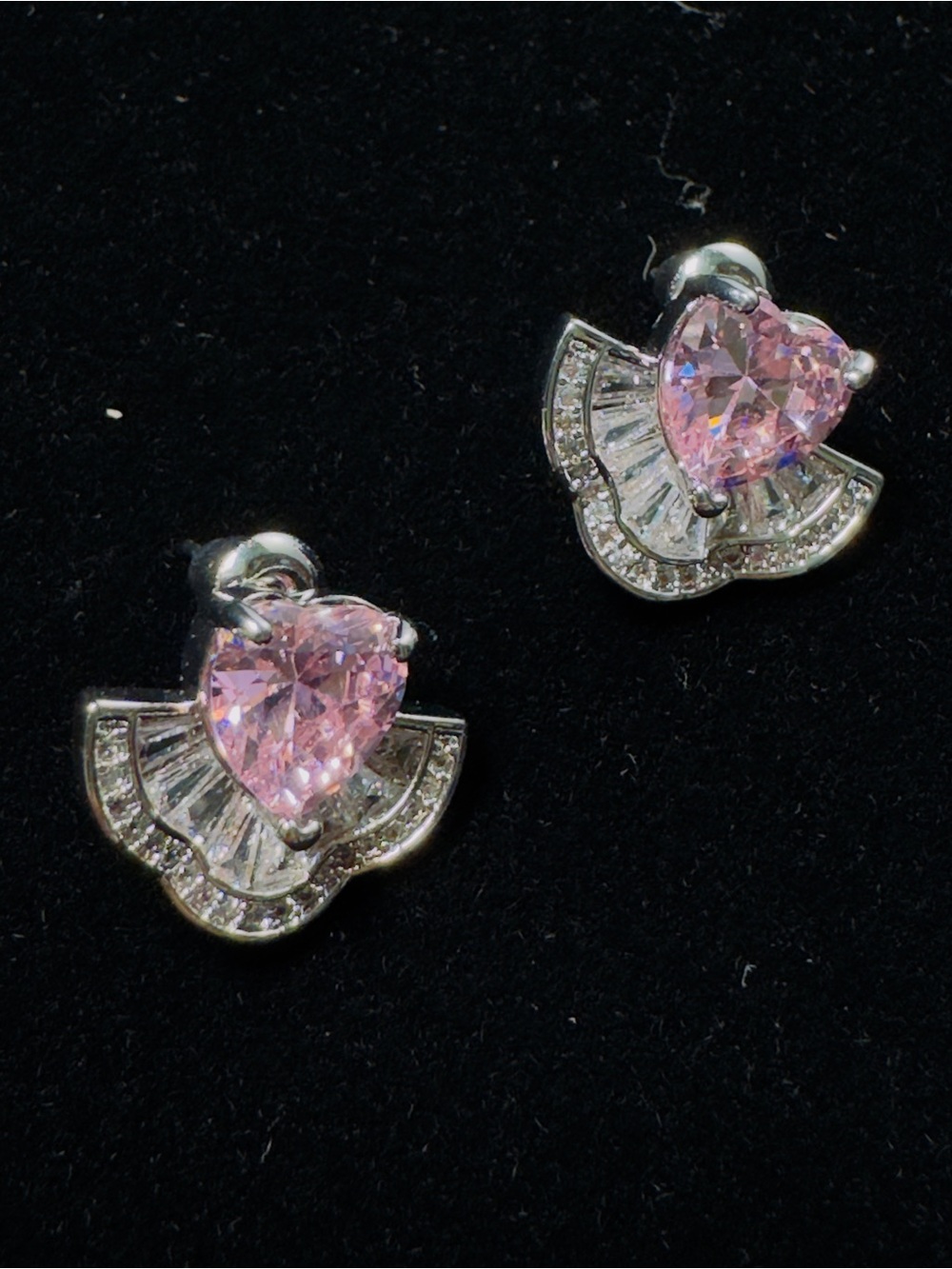 Pink Heart Cubic Zirconia Fan Stud Earrings - Women Jewelry - Picture 5 of 5